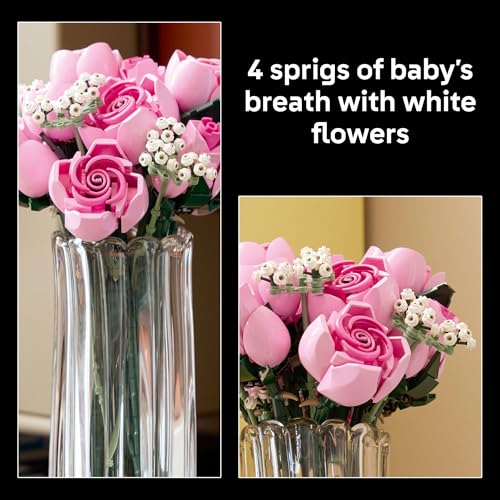 LEGO Botanicals Bouquet of Pink Roses Artificial Flowers - Building Blocks for Adults, Ages 18+ - Gifts for Birthdays for Her - Flowers for Home Office, Shelf or Room Decor - 10374