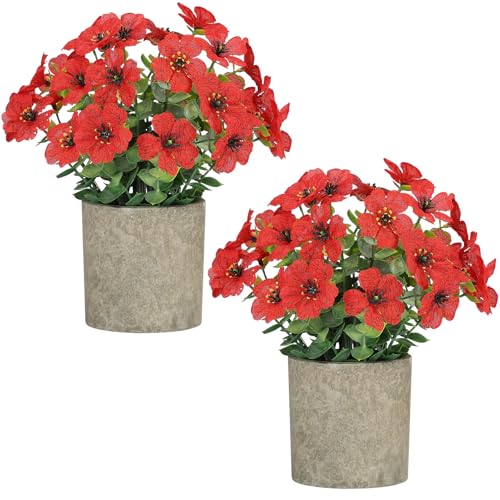 FAVOWREATH 2 Pack Small Fake Plants Potted Artificial Plants Artificial Flowers Potted Faux Flower Daisy with Eucalyptus Leaves for Home Decor Office Room Farmhouse Indoor Table Bathroom Decor（Red） - color: Red