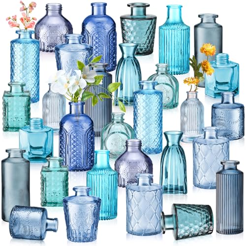 Yaomiao 30 Pcs Vases Bulk Colored Flower Glass Bud Vases Valentine Vintage Colored Glass Bottles Colorful Rustic Embossed for Home Wedding Table Decorations Gifts(Blue Series) - color: Blue Series