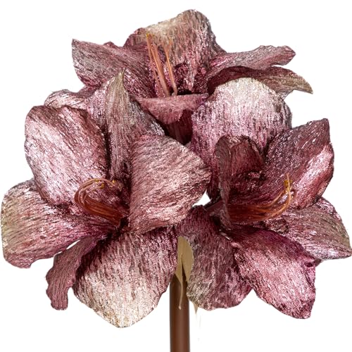 Briful Amaryllis Artificial Christmas Flower Stems, 19.7" Pink Glitter Faux Amaryllis with Detachable Heads for Xmas Home Party Wedding Bouquet Vase Arrangement Decor - color: Rose Gold