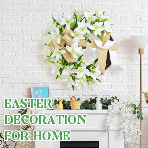 18 Inch Easter Wreath with Cross for Front Door Artificial Lily Flowers Cross Wreath Spring Easter Religious Garland Hanging Ornament for Spring Holiday Farmhouse Wall Window Party Decor - color: Easter-1