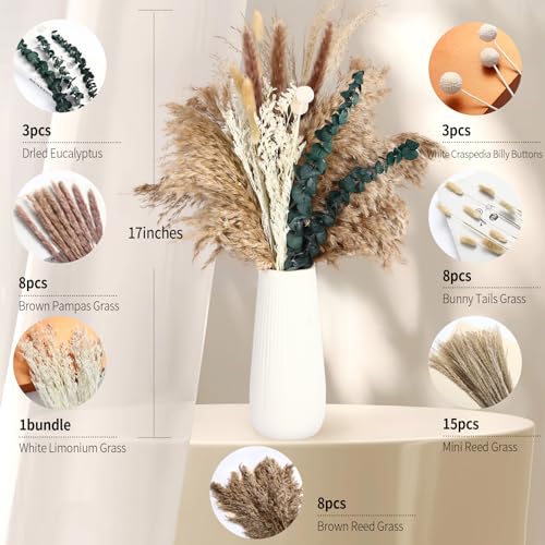 Musunny Dried Pampas Grass Decor ,17" Dried Flowers for Vase, Boho Dried Flower Bouquet with Eucalyptus for Farmhouse Home Room Office Décor - color: White02