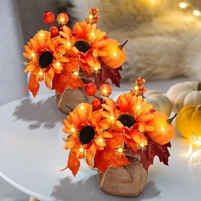 9 Inch Fall Decorations for Home 2 Pack Sunflowers Artificial Flowers with 40 LEDs Potted Autumn Leaves Pumpkin Fall Centerpieces for Tables Shelf Farmhouse Party Thanksgiving Decorations