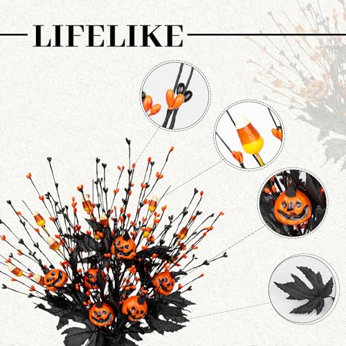 12 PCs Gothic Halloween Flowers Artificial Orange Black Stems Spooky Halloween Floral Picks with Candies Corn Smiling Pumpkins for Vase Floral Arrangements Table Centerpieces Decorations