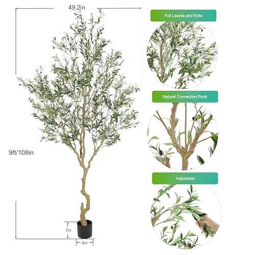 Nafresh Tall Faux Olive Tree，9ft（108in） Realistic Potted Silk Artificial Olive Tree， Fake Olive Trees Indoor with Green Leaves and Big Fruits for Home Office Living Room Stairs Patio Decor. - size: 9ft