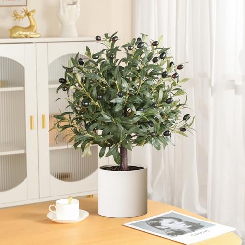 25" Tall Artificial Olive Topiary Ball Tree with Leaves and Fruits, Olive Boxwood Topiary Ball Potted Bushes UV Resistant Potted Plants for Indoor Outdoor Home Garden - color: Green-1pcs