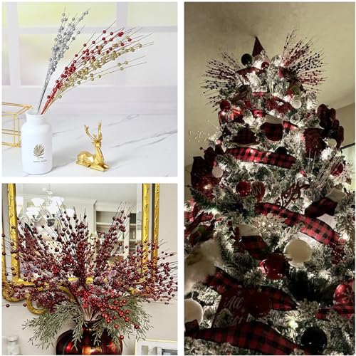 PASYOU Artificial Glitter Berry Stem Ornaments, Bright Berries Decorative Bead Sticks Glittery Twigs Picks Branches for Home Christmas Tree Holiday Wedding Party Vase Decor 17 Inch Red 10 Pack - color: Glitter Berry Sticks - Red 10 Pack