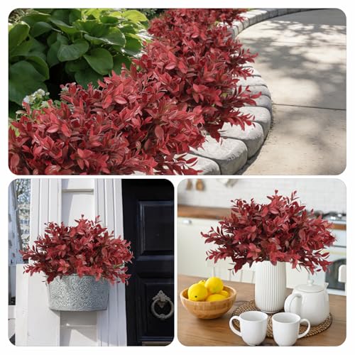 6 Bundles Artificial Fall Greenery Stems for Vase, 14.5" Fake Red Lucky Bamboo Leaves Faux Outdoor UV Resistant Shrubs Plants for Home Garden Patio Porch Farmhouse Pathway Thanksgiving Indoor Decor - color: Red