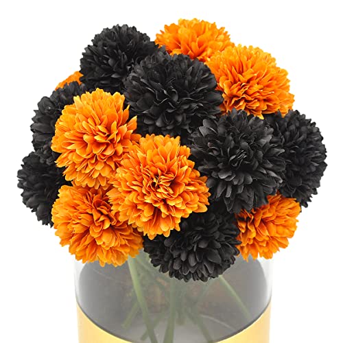 20Pcs Artificial Fake Flower Plants Silk Chrysanthemum Ball Hydrangea Arrangements Wedding Bouquets Decor Home Kitchen Garden Party Table Floral Centerpieces DIY (Orange&Black) - color: Orange&black