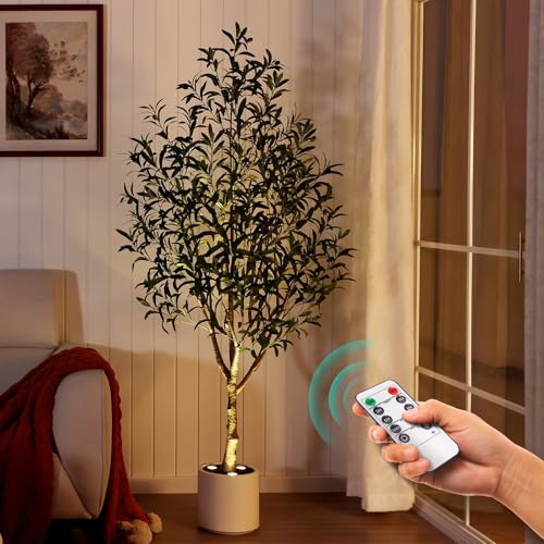 Verinatural Olive Trees Artificial Indoor 6FT - Realistic Fake Plants with Remote LED Spotlights, White Planter - Faux Olive Tree for Home Living Room Office Floor Bedroom Decor,VN214 - size: 6ft