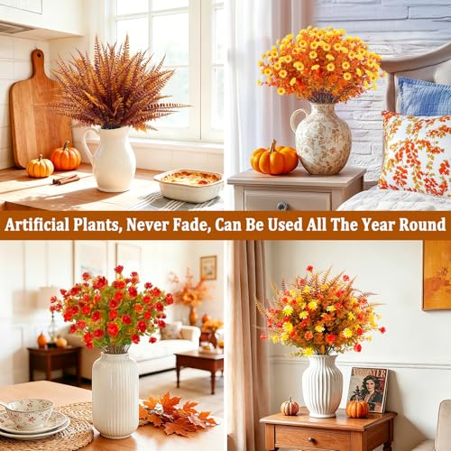 20 Bundles Artificial Fall Flowers for Outdoors Fall Decorations - UV Resistant Fake Mums Faux Fall Plants Plastic Flowers for Garden Porch Fireplace Patio Home Indoor Autumn Fall Thanksgiving Decor - color: Mix Orange Brown Yellow, size: 20 Bundles