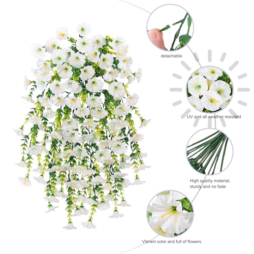 Ivydale 2 PCS Artificial Hanging Flowers Fake Plants for Winter Christmas Outdoor,Faux Silk White Morning Glory with Eucalyptus UV Resistant Realistic Hanging Petunias Vines for Home Garden Decor - color: Beige