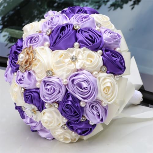 Bridal Wedding Bouquet with Rhinestone Brooch Pearl Rose Flower Bouquet for Bride Bridesmaid Wedding Quinceanera Purple Light Purple and Ivory 9.8in - color: Purple & Light Purple & Ivory, size: Extra-large (DIA. 9.8"/25cm)
