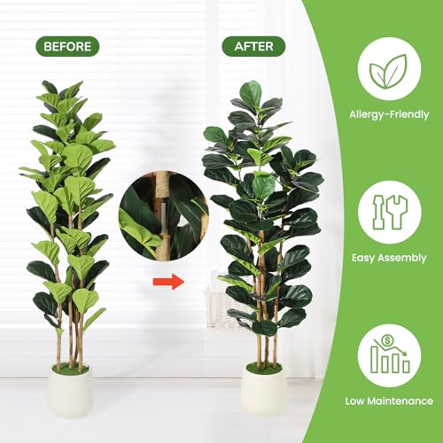 Garvee Artificial Fiddle Leaf Fig Tree with White Planter, 6 ft Tall Fake Plant with Natural Wood Trunk, Faux Ficus Tree Potted Moss for Home Office Living Room Decor - size: 6ft