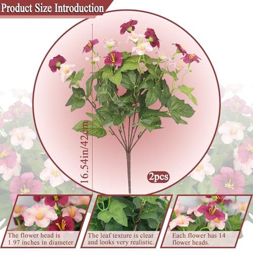 2 Pcs Artificial Flowers for Outdoors Fake Plants Outside Spring Summer Decoration Realistic Silk Morning Glory UV Resistant Faux Flowers for Planter Patio Yard Garden Porch Fuchsia Light Pink - color: Fuchsia, Light Pink