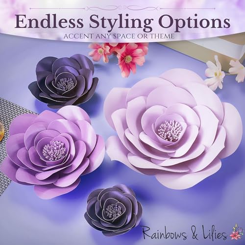 Rainbows & Lilies 10pc Large Paper Flowers Decorations for Wall – 3D Flower Wall Backdrop for Nursery, Girls Room, Baby Shower, Wedding, Bridal Shower – Pre-Assembled Reusable Purple Rose Decor Set