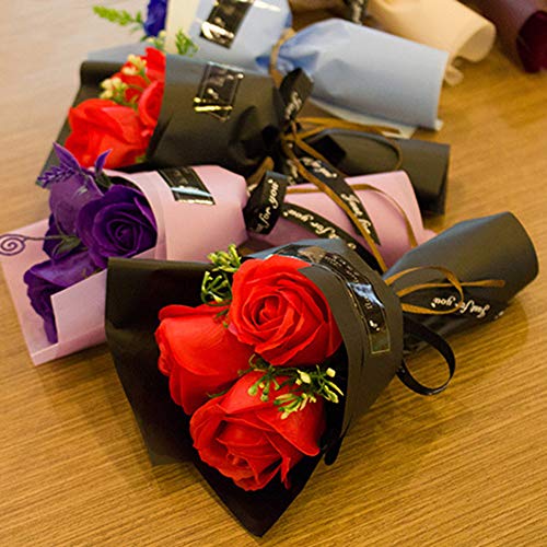 3 Heads Artificial Rose Bouquet Soap Flower Petals Valentine Day Gifts for Women, Best Friend and Girlfriend, Birthday, Christmas Valentine's Day from Daughter Son Husband, Artificial Flowers (Red)
