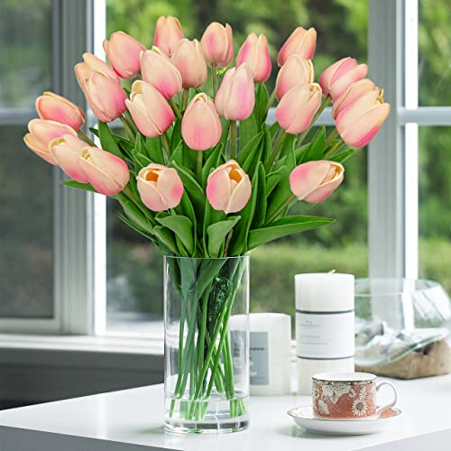 24 Pink Tulips - Artificial Flowers - 13.5" Faux Tulips for Mother's Day, Vase, Centerpieces, Home, Wedding Bouquet - color: 24pcs Gradient Peachy