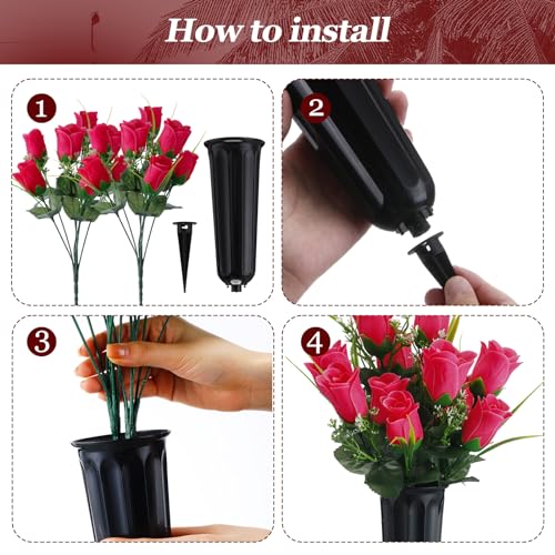 Tigeen 6 Sets Father's Day Cemetery Flowers with Grave Vase 12 Bunches Artificial Rose Memorial Bouquet 84 Heads Fake Silk Flower for Dad Gravesite Graveside Decor(Rose Red) - color: Rose Red