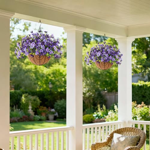 INQCMY Artificial Hanging Flowers for Outdoors, 5 Bundles UV Resistant Artificial Hanging Baskets,All Weather Fake Flowers for Patio, Porch, Yard, Window Box,Home for Spring Summer Decoration. - color: Deep Purple