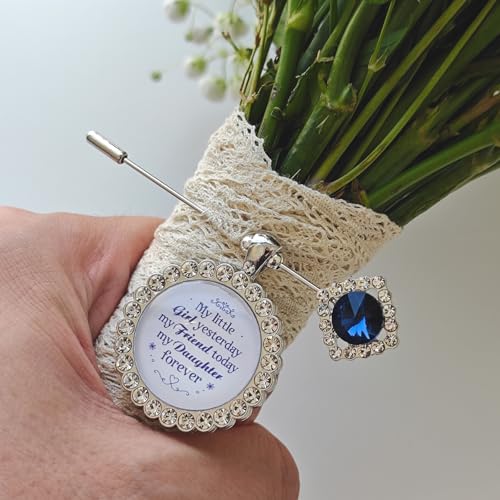 Something Blue Gift for Bride Bouquet Charms for Wedding Memory, Bridal Shower Gifts from Mom,Rhinestone Artificial Sapphire Wedding Gifts Bouquet Dress Pin with Touching Saying - style: My Little Girl 2 (WhiteK)