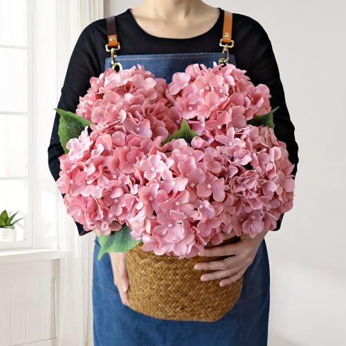 JINWOE 5Pcs 20Inch Large Pink Silk Hydrangea, Cameo Brown Lifelike Artificial Flower Heads with Stems Fake Hydrangeas Flowers for DIY Wedding Baby Showers Centerpiece Home Decor - color: Bean Paste Pink