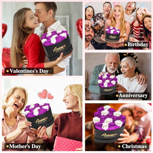 ADDWel Preserved Roses Bouquet for Her Anniversary, Birthday Flower Gifts for Women, 16-Pieces Eternal Roses with Natural Fragrance in Heart-Shape Box for Wife Girlfriend Mom - color: Purple & White - 16 Roses