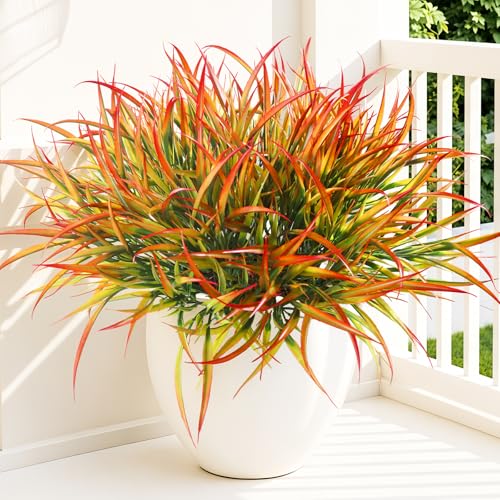 Uieke 12 Bundles Artificial Outdoor Plants UV Resistant Fake Grass Plants Faux Plastic Plants for Home Garden Spring Summer Decor, Green & Red - color: Green & Red, size: 12