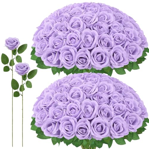 72 Pcs Artificial Roses Light Purple Fake Silk Roses Realistic Roses Faux Flower Indoor Wedding Home Decor, Birthday Decorations - color: Light Purple