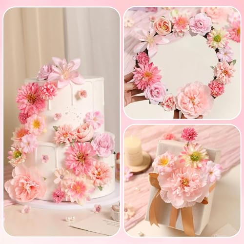 Artificial Flowers Heads Combo Pink Flowers Mix Silk Flowers Heads Faux Rose Bulk for Craft Garland Graduation Cap Wedding Bridal Baby Shower Home Party Decoration DIY Cake Decor - color: Pink