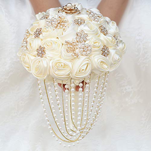 Handmade Satin Rose Water Drop Bridal Bouquet,8.7inch Crystal Wedding Round Tossing Bouquet,Jewelry Proposal Bridesmaid Bouquet Groom Corsage Bride Wrist Flower Ivory (26#Ivory) - color: 26#ivory