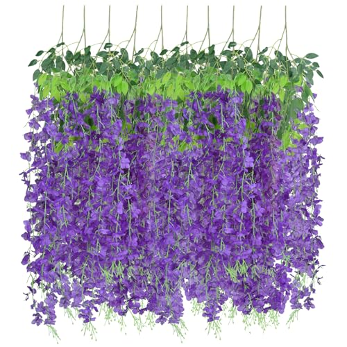 10 Pack Artificial Wisteria Hanging Flowers 3.6 Feet/Piece White Dense Fake Wisteria Vine Ratta Hanging Garland Silk Flowers String for Home Wedding Arch Wall Party Garden Decor - color: Purple