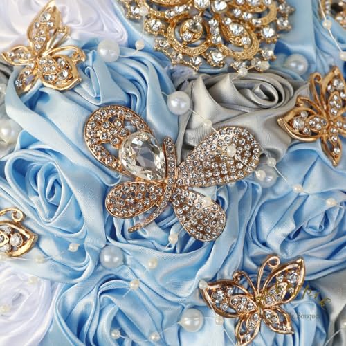 Handmade Wedding Flowers Bouquet Round Holding Bridal Bouquet Artificial Satin Roses Bunch for Bride Bridesmaid Wedding Quinceanera - color: Light Blue, Silver & White, size: Medium (Dia. 8.7"/22cm)