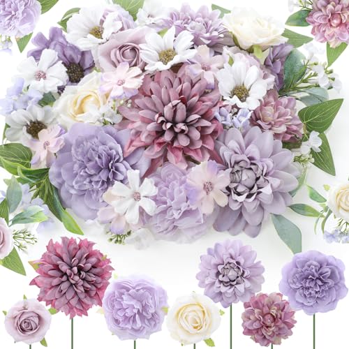 Janinka 100 Pcs Purple Assorted Fake Flower Heads with Long Stem Mini Artificial Flower Bulk Mix Silk Faux Daisy for Crafts Fake Peony Rose for DIY Wedding Party Wreath Home Decoration - color: Purple