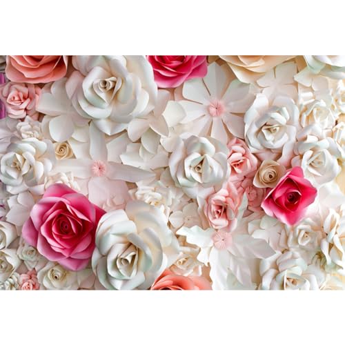 9x6ft Pink and White Paper Flowers Background Photography Backdrop Paper Flower Wall Gorgeous Wedding Flower Backdrops Beautiful Bride Baby Newborn Kids Background Props Portraits Booth - size: 9x6ft