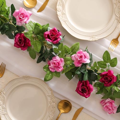 JUSTOYOU 2 Pack (15.8FT) Fake Rose Garland, Artificial Rose Vines Flowers Hanging Silk Rose Vine Wedding Home Backdrop Party Arch Arrangement Decoration - color: Fuchsia