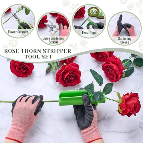 9 Pcs Rose Thorn Remover Set Include 1 Flower Thorn Stripper Tool 5 Floral Tape 1 Flower Scissor 1 Curve Gardening Scissors 1 Pair Gardening Gloves for Valentine Women Mother Gift (Green) - color: Green