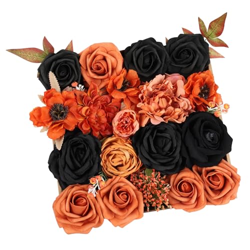 Artificial Flowers Combo Box Set Fall Fake Flowers Silk Mix Roses Peonies with Stems for DIY Bridal Wedding Decor Bouquets Centerpieces Baby Shower Party Home Decorations Orange Black 24pcs - color: Orange Black