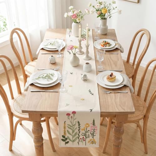 Artoid Mode Beige Soft Chain Embroidery Wild Floral Spring Table Runner, Seasonal Summer Kitchen Dining Table Decoration for Home Party Decor 13x72 Inch - color: Beige, size: 13" x 72", Table Runner