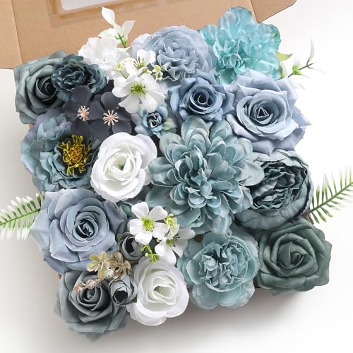 Artificial Flowers Combo Box Set Dusty Blue Silk Floral Arrangements for Wedding Bridal Bouquet, Cake Flowers, Table Centerpieces, Party & Home Decor - color: Dusty Blue White