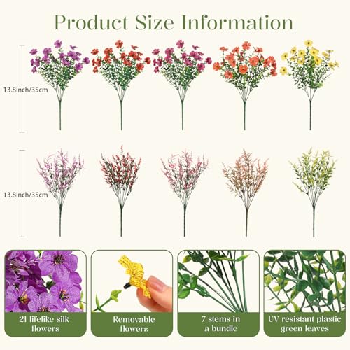 SHareconn 24 Bundles Artificial Flowers for Outdoors Decoration, Faux Plants Fake Silk Colorful Daisy Eucalyptus Lavender, UV Resistant for Outside Home Indoor Spring Decor, RedRosyPurpleYellowOrange - color: Redrosypurpleyelloworange