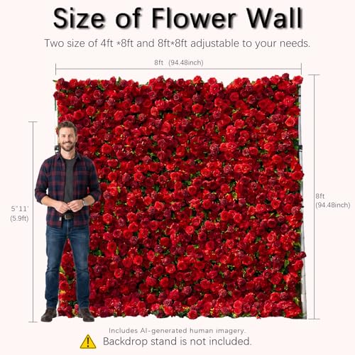 rosemorning 8x8FT Red Artificial Flower Wall Backdrop,5D Silk Flower Wall Panel for Wedding Party Birthday Baby Shower Photo Booth Decor Easy to Install Reusable - color: Luna-Red, size: 8Ft*8Ft