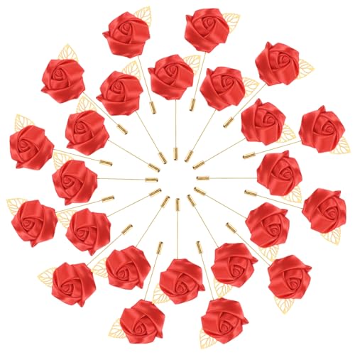 M METERXITY 48-Pack Flower Lapel Pins for Men, Golden Leaf Rose Boutonnieres Pin Groom Boutonnieres for Wedding/Dance/Party, Men Lapel Pins for Suits Satin Flower Corsage [Bright Red] - color: Bright Red