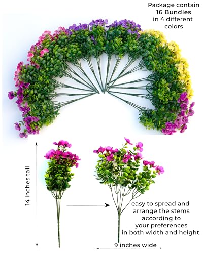 AXYLEX Artificial Flowers Outdoor Fake Plants - 16 Bundles UV Resistant No Fade Faux Shrubs Plastic Greenery Home Garden Porch Patio Decoration (1, Multi02-16pcs) - color: Mixed, 4 Colors Red Pink Purple Yellow