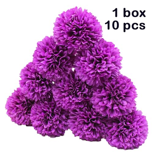 Blooming Paradise10Pcs Artificial Fake Flower Plants Silk Chrysanthemum Ball Hydrangea Arrangements Wedding Bouquets Decor Home Kitchen Garden Party Table Floral Centerpieces DIY (Dark Purple) - color: Dark Purple