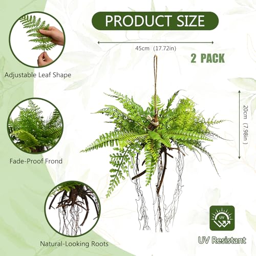 Hrobek 2 Pack Ferns Artificial Hanging Plants for Outdoor Fake Faux Fern Plants with Roots, UV Resistant Greenery Plants for Indoor Home Patio Porch Decor - color: Fern