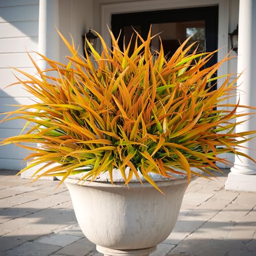 16 Pcs Artificial Plants Outdoor Fake Grass Faux Greenery Stems UV Resistant Plastic Plants Shrubs for Planters Patio Garden Front Porch Pathway Spring Summer Home Decor, Yellow - color: Yellow
