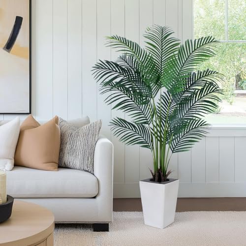 Artificial Palm Tree with White Tall Planter, 5ft Tall Potted Artificial Silk Palm Tree Plant, Fake Tropical Plant, Home Office Floor Room Decor Plants Indoor Outdoor, Housewarming Gift - size: 5ft