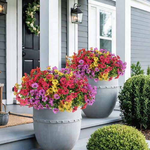 Artificial Flowers for Outdoor Planter Indoor Decor Fake Silk Daisy Flowers UV Resistant Faux Plants for Spring Summer Garden Home Boxwood Porch Patio Window Box, 12 Bundles (4-Color Mixed) - color: Mix Purple/ Yellow/ Red/ Deep Pink