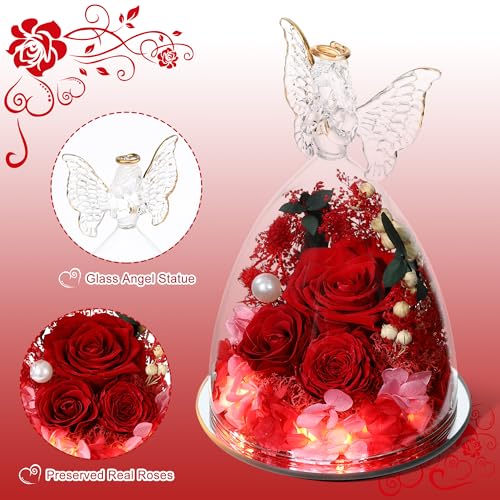 Mothers Day Rose Gifts for Women Preserved Real Flower in Glass Angel Figurines Roses for Delivery Prime Birthday Gifts for Mom Grandma Girlfriend Wife Her, Red Austin Roses - color: Red With Austin Roses